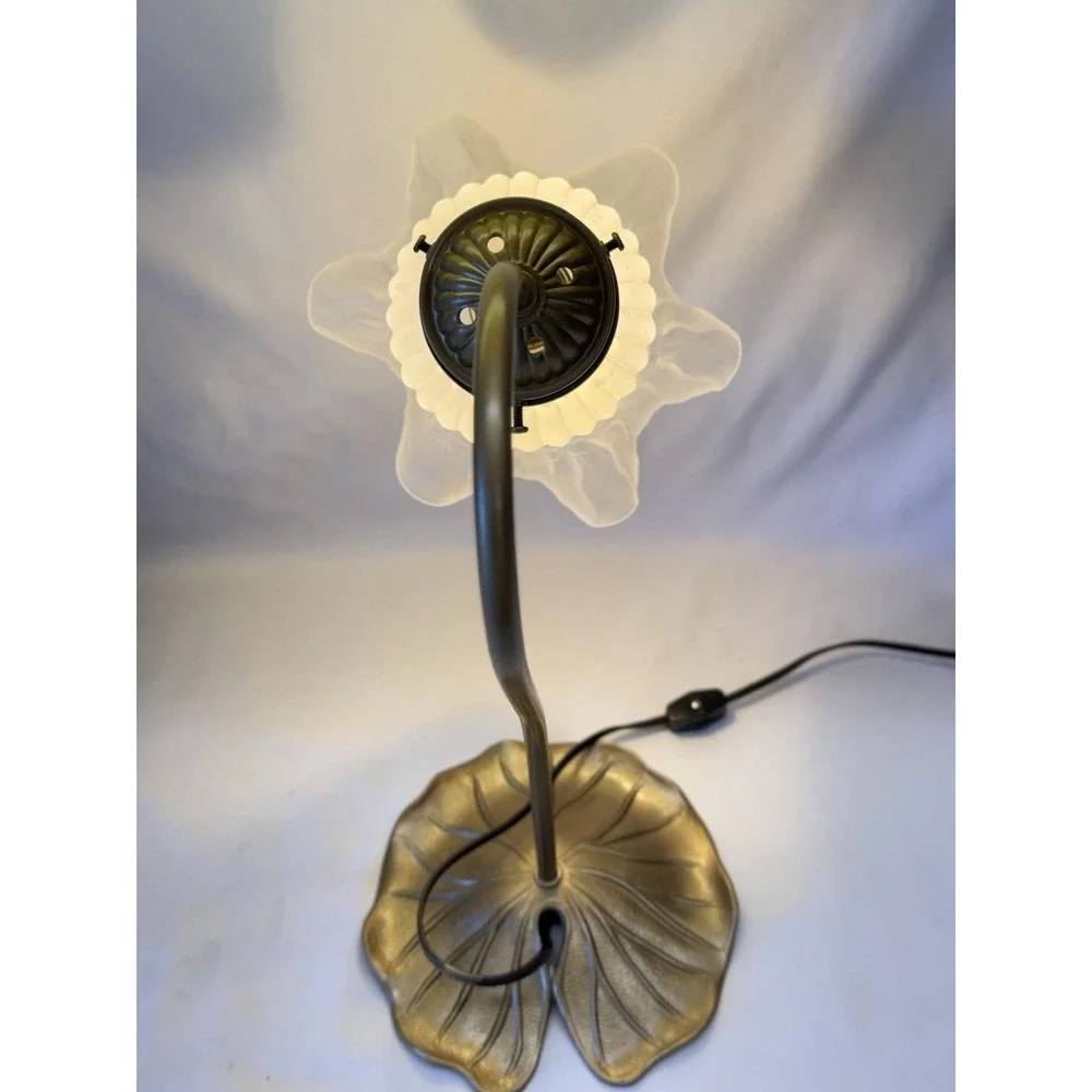 VTG Art Nouveau Gooseneck Lily Pad Desk Lamp W/ White Frosted Ruffled Shade